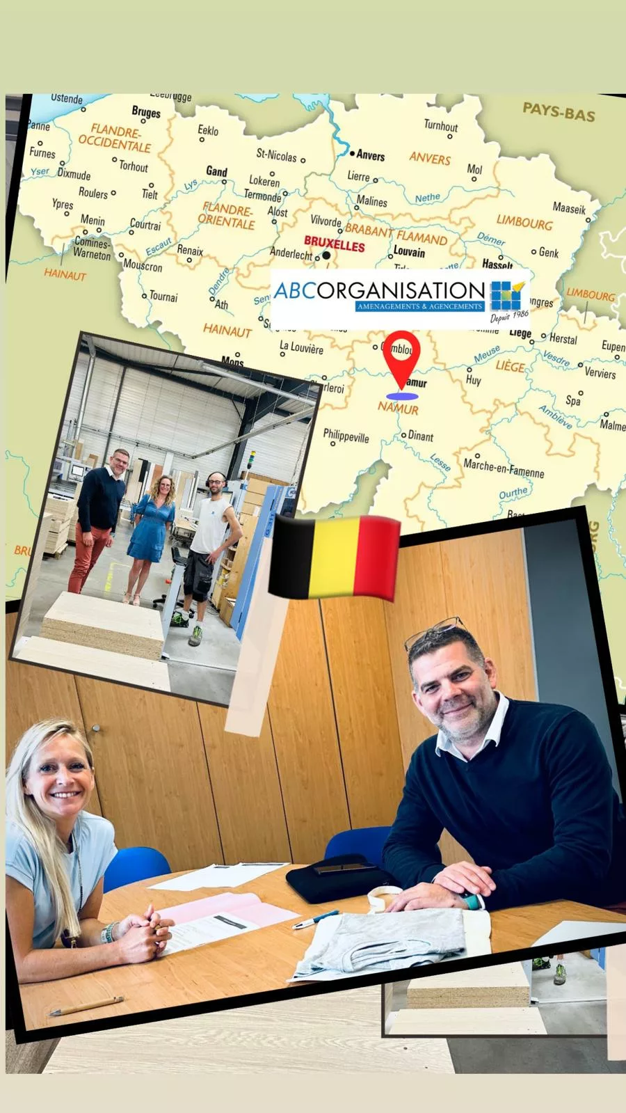 Rdv de signature de l'agence de Namur, avec carte de la Belgique et drapeau Belge, plus une photo dans l'atelier